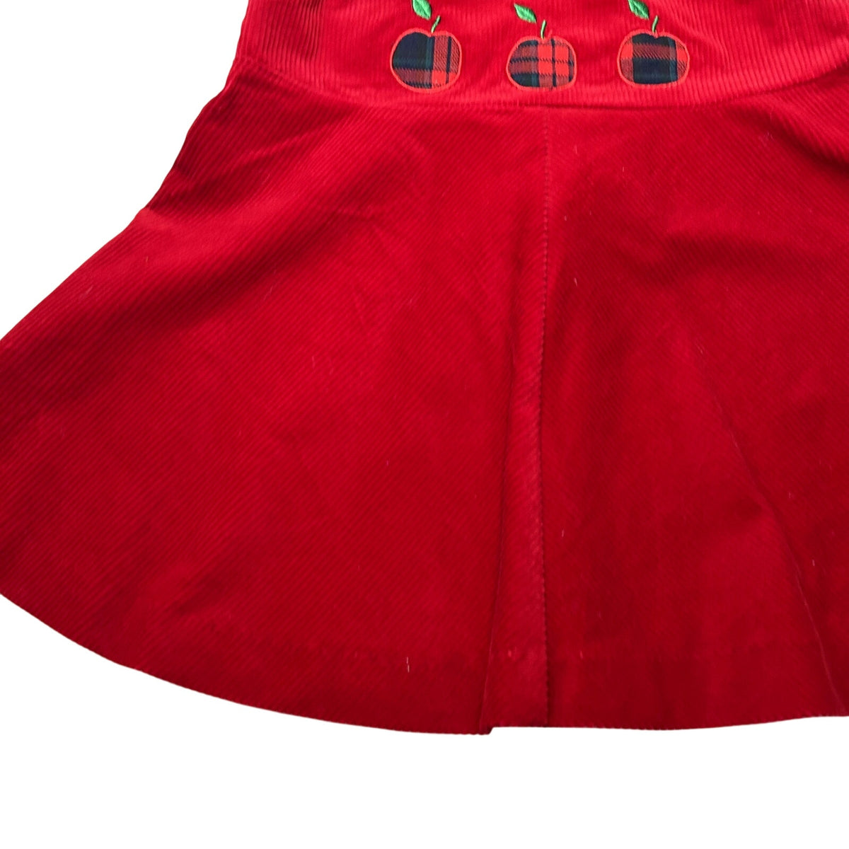 VTG 90s 24M Red Corduroy Embroidered Apple Buffalo Plaid A-Line Pinafore Dress