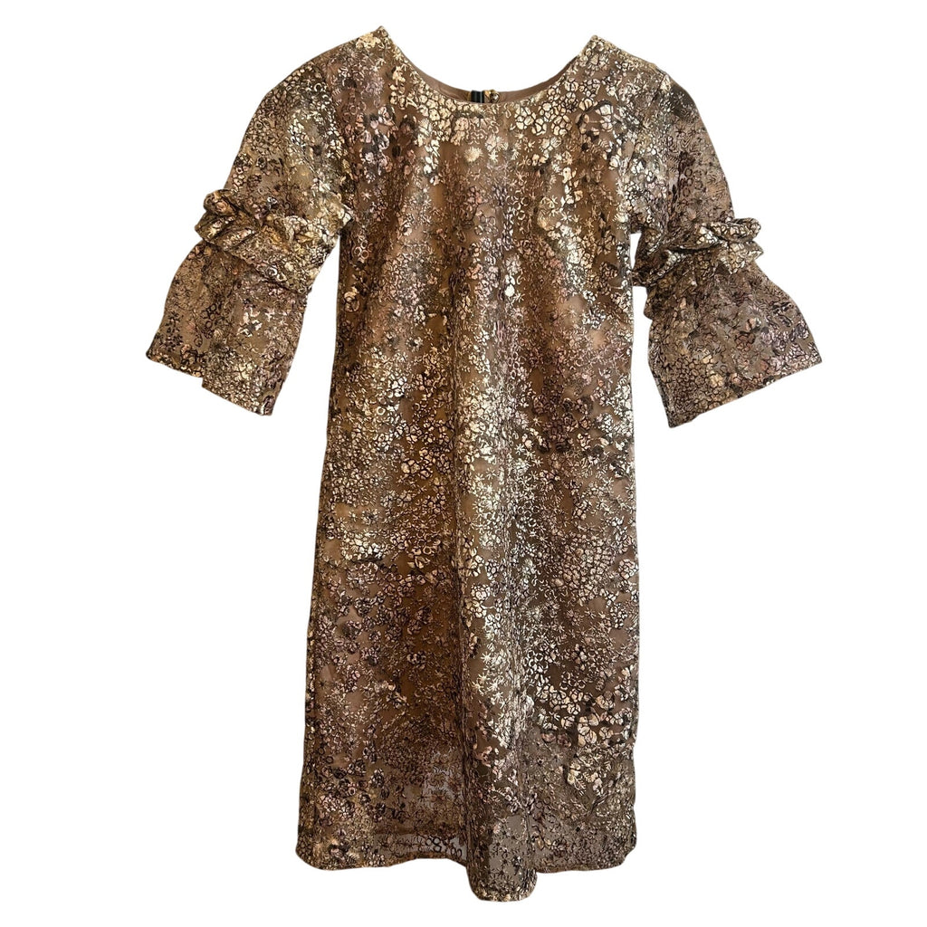 VTG 60s Metallic Floral Lace Dress Bell Sleeve Girls 12 14 or Women XXS Gold