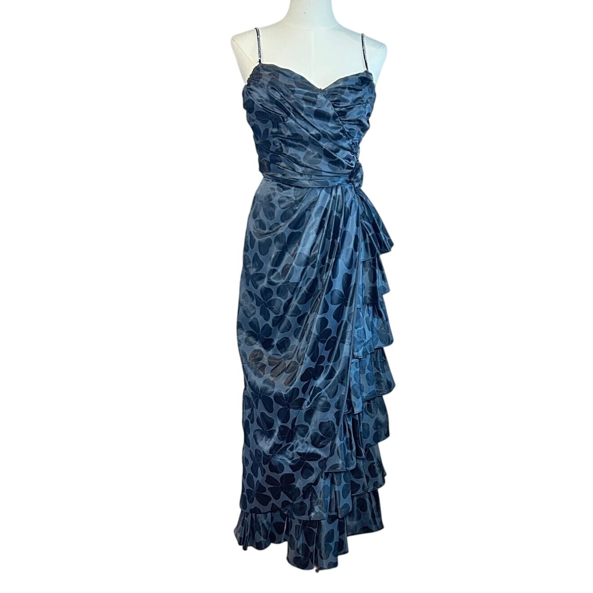 VTG 80s Black Floral Jacquard Prom Gown 2 Romantic Feminine Goth Glam Coquette