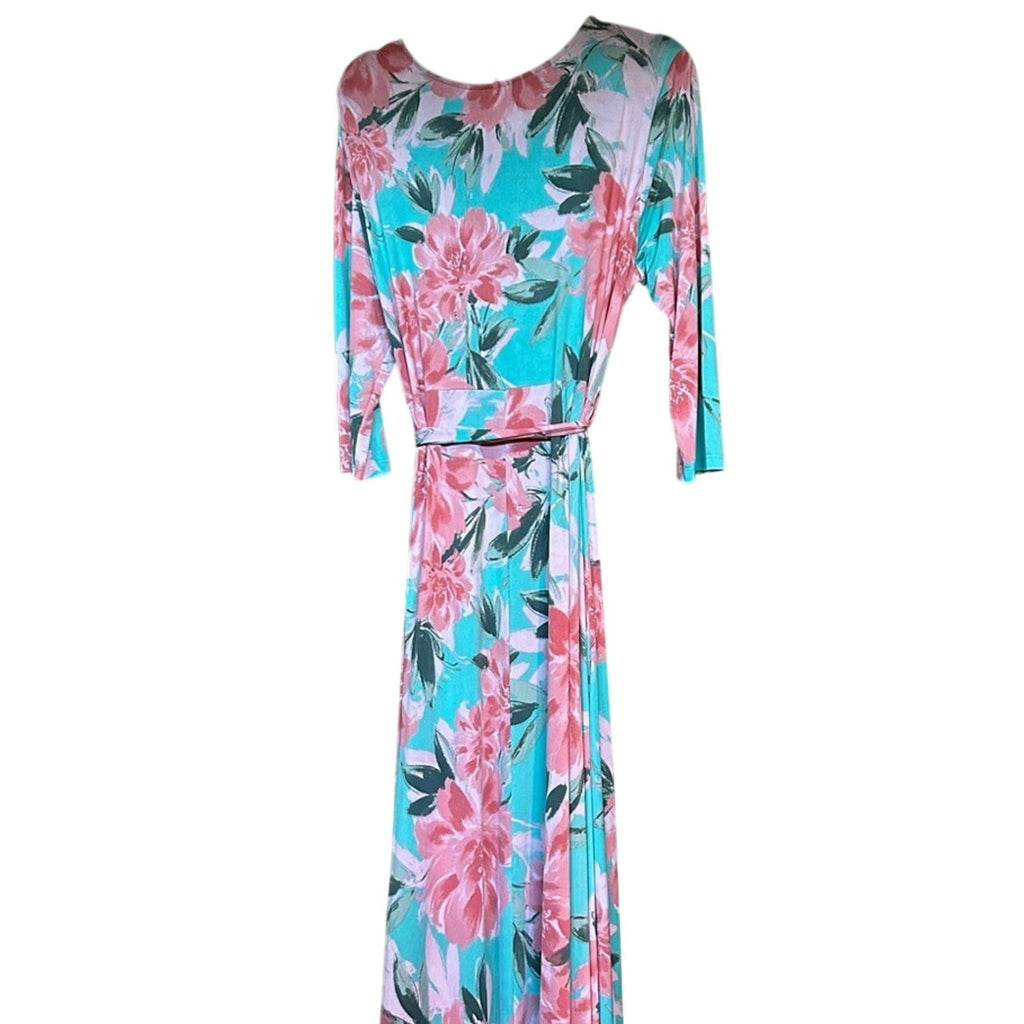 Pink Blue Floral Wrap Maxi Dress Plus Size 3X Stretchy Belted Bow Flowers Easter