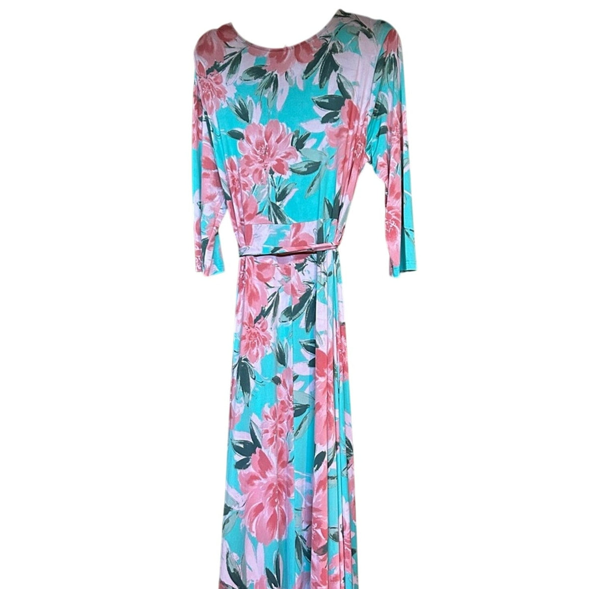 Pink Blue Floral Wrap Maxi Dress Plus Size 3X Stretchy Belted Bow Flowers Easter