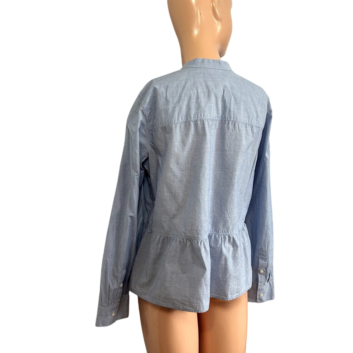Madewell M Blue Top Mandarin Peplum Hem Minimalist Casual Monochrome Chambray