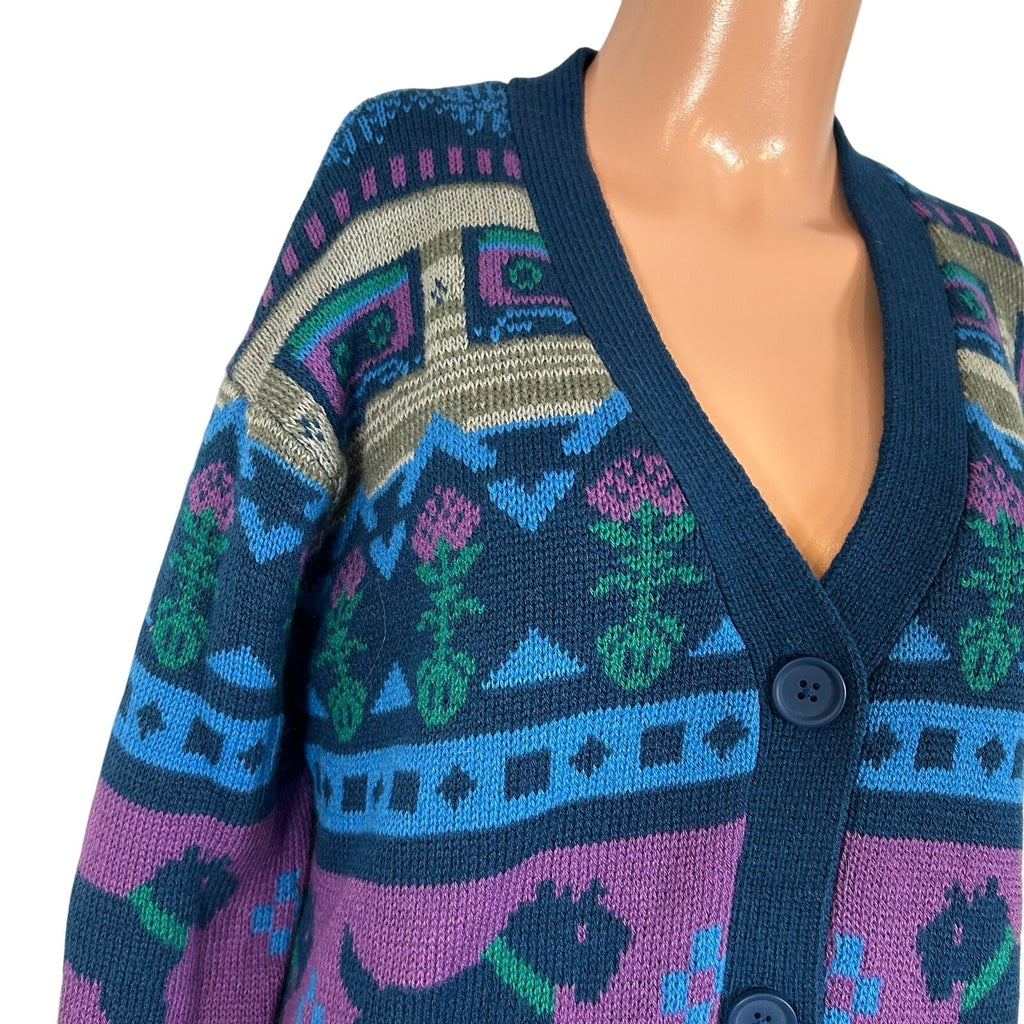 Netflix Stranger Things S Purple Blue Fair Isle Cassette V-Neck Knit Cardigan