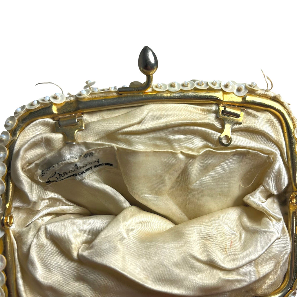 VTG 50s Cream Sequin White Floral Clutch Evening Bag Bridal Prom Retro Glam Twee