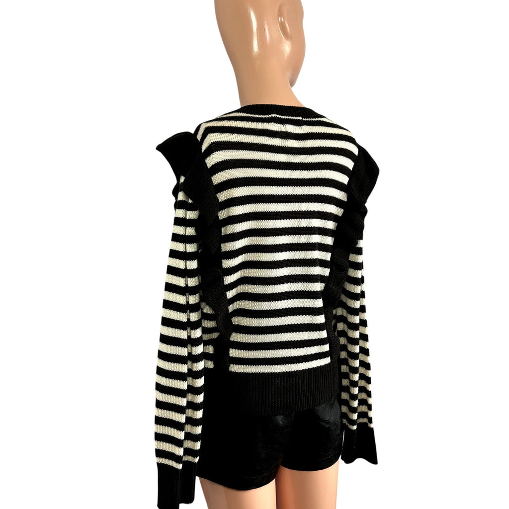 Jack by BB Dakota Black White Striped M Knit Sweater Preppy Ruffle Trim Coquette