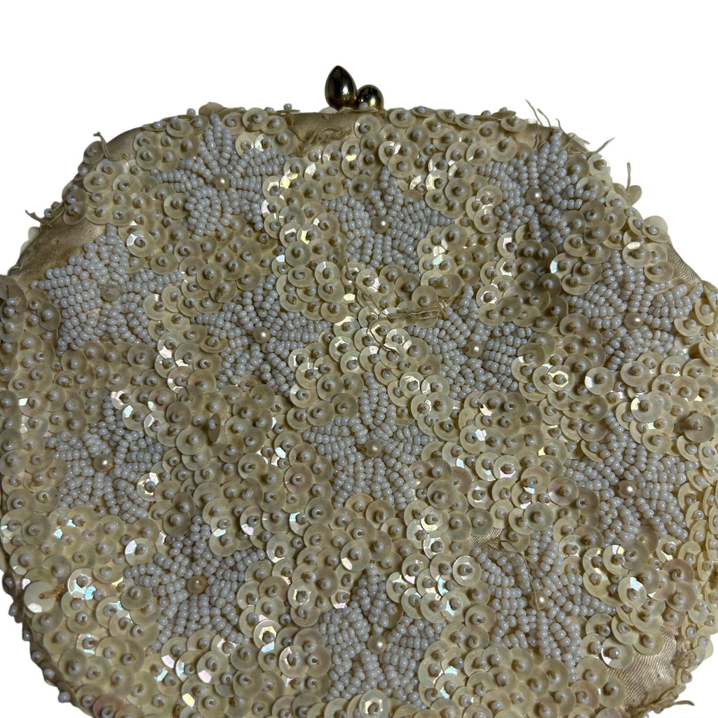 VTG 50s Cream Sequin White Floral Clutch Evening Bag Bridal Prom Retro Glam Twee