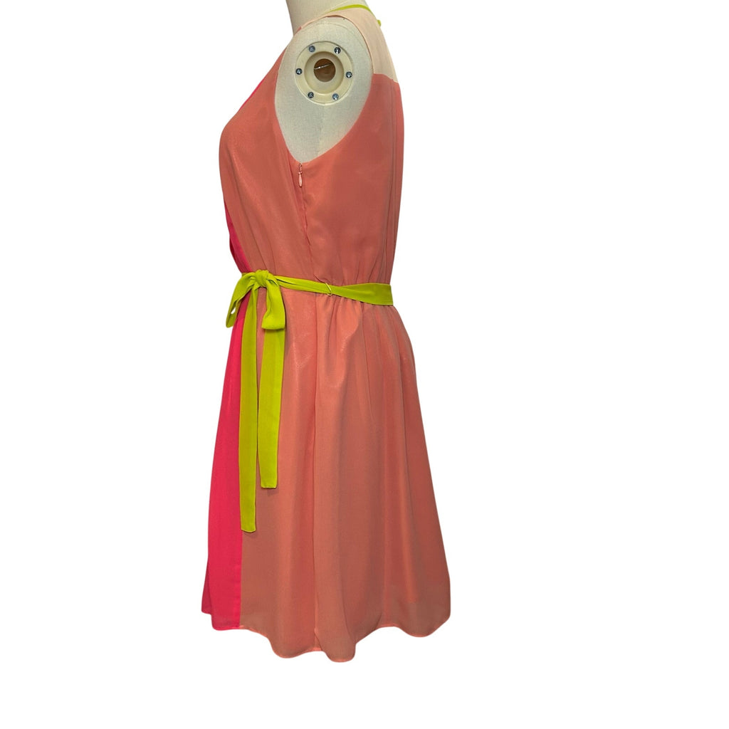 LOFT Colorblock Pleated Midi Dress Pink Coral Neon Green Belt 6 Preppy Retro