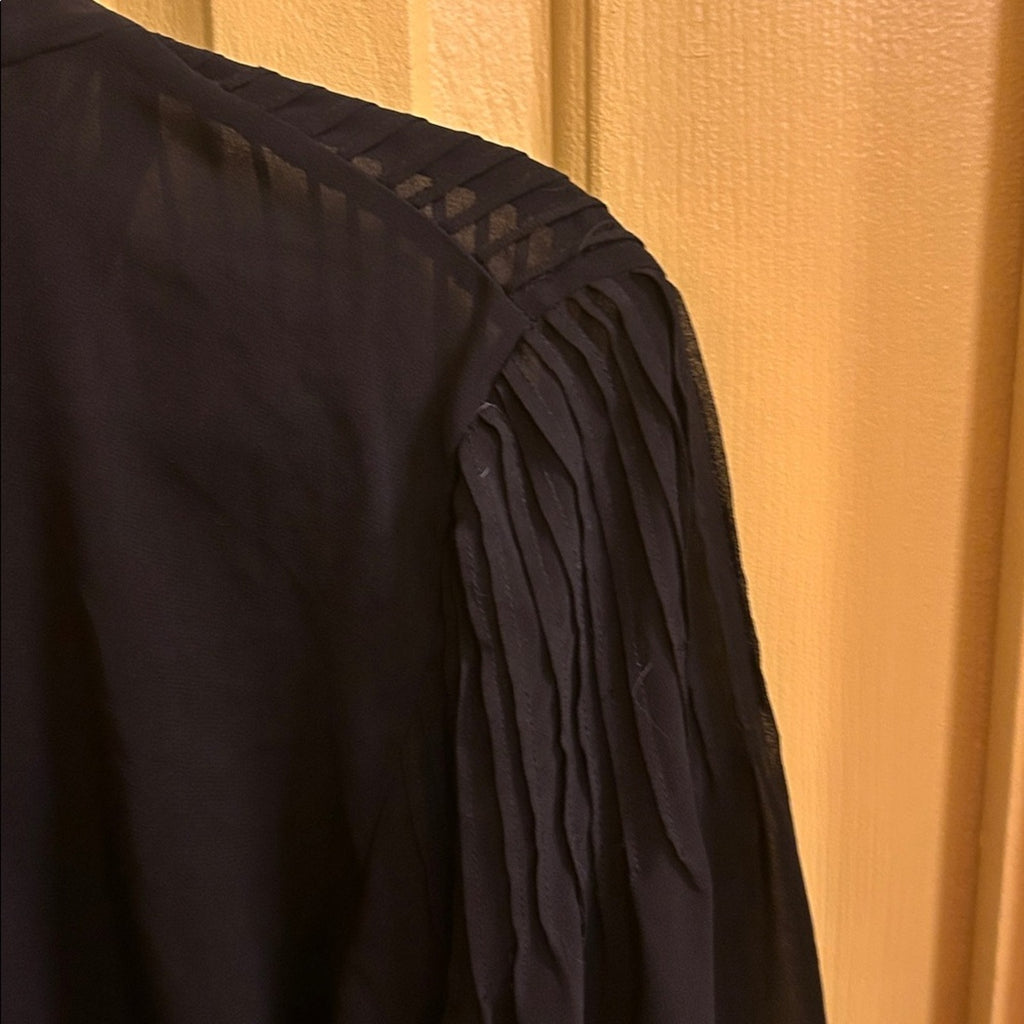 Zara Pleated Tie Neck Blouse Black Sheer Chiffon Pussy Bow Shirt Woman Large L