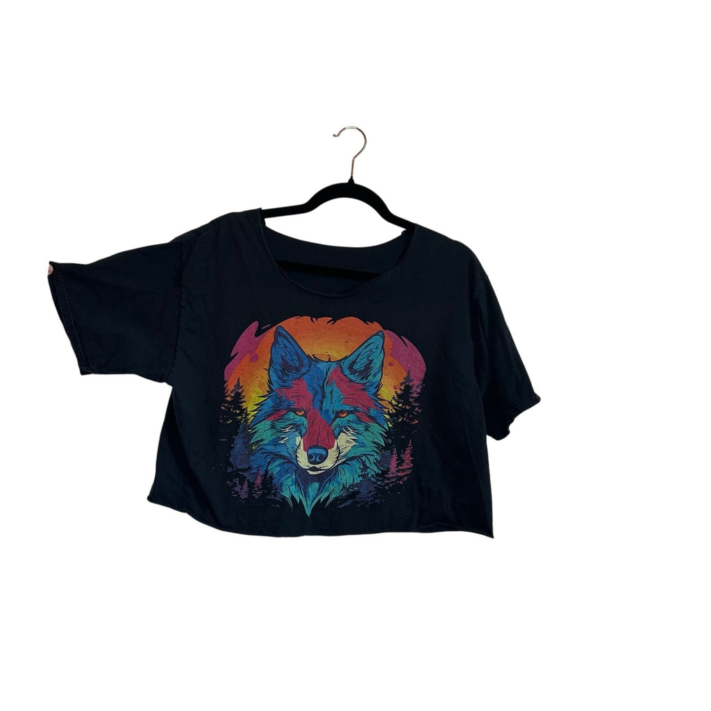 Black Colorful Wolf Graphic Raw Hem M Cropped Top T-Shirt Grunge Streetwear Y2K