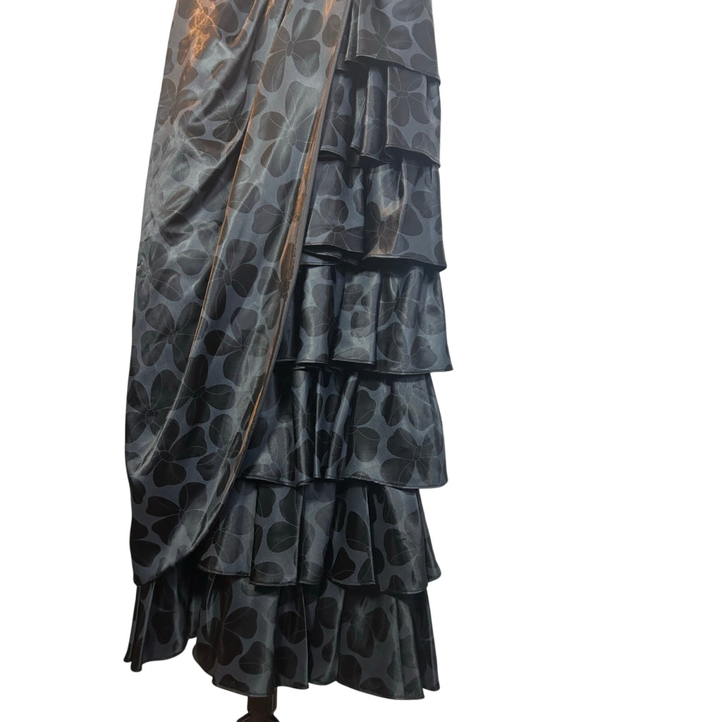 VTG 80s Black Floral Jacquard Prom Gown 2 Romantic Feminine Goth Glam Coquette
