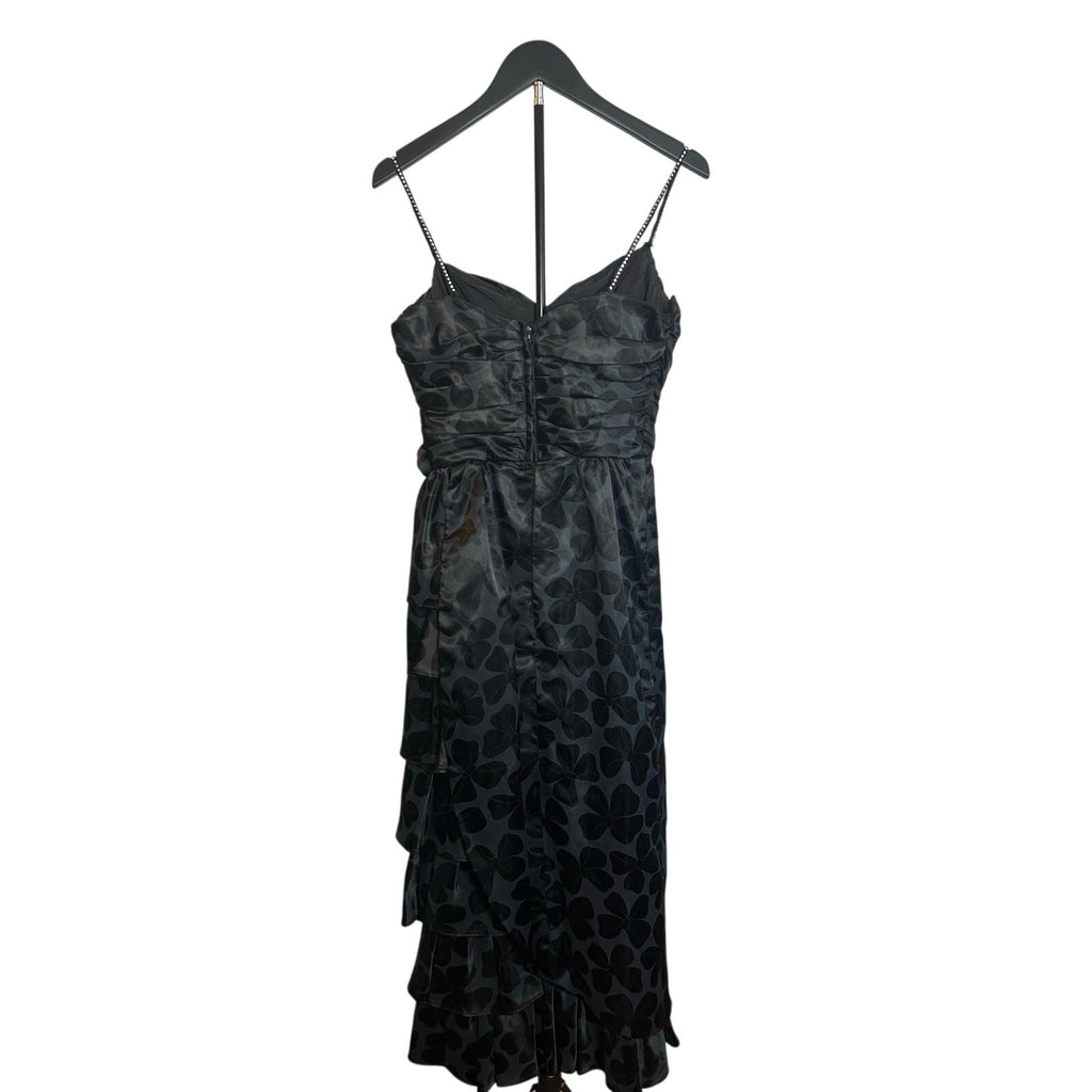 VTG 80s Black Floral Jacquard Prom Gown 2 Romantic Feminine Goth Glam Coquette