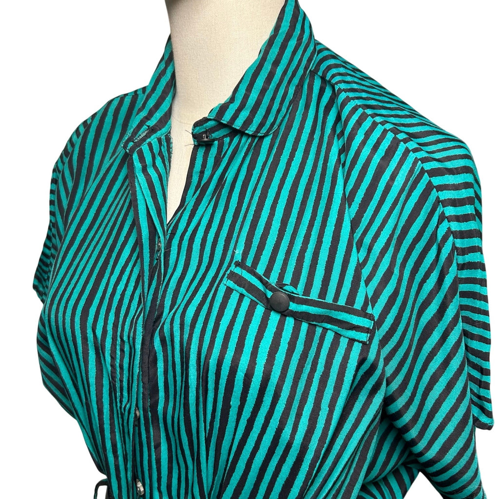VTG 80s Scarlett Green Black Striped Rayon Midi Dress S Retro Boho Whimsigoth