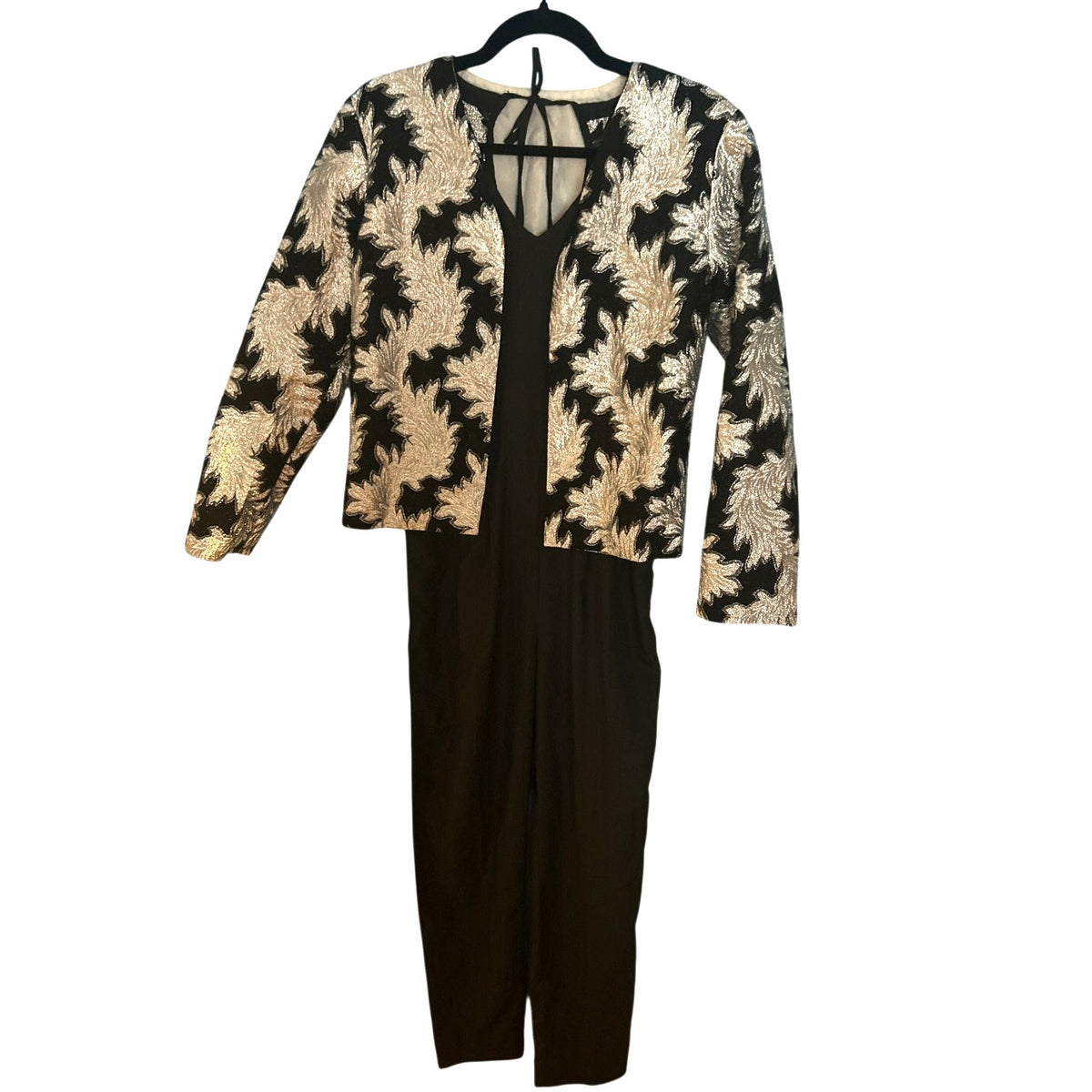 VTG Silver Black Metallic Leaf Brocade Jumpsuit and Matching Cropped Jacket Set