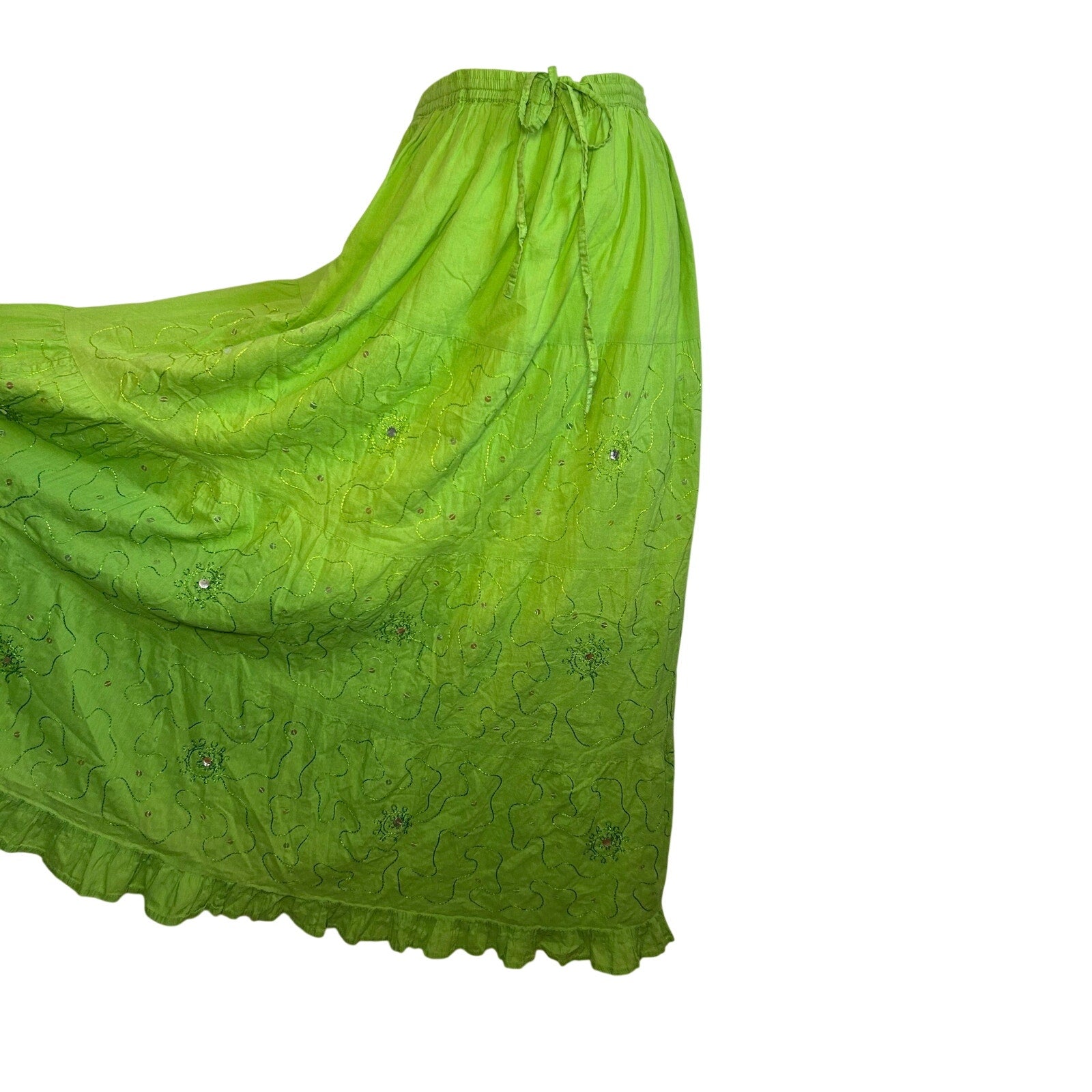 Green Ombre Broomstick L Maxi Skirt Sequin Embroidered Y2K Boho Fairy Grunge