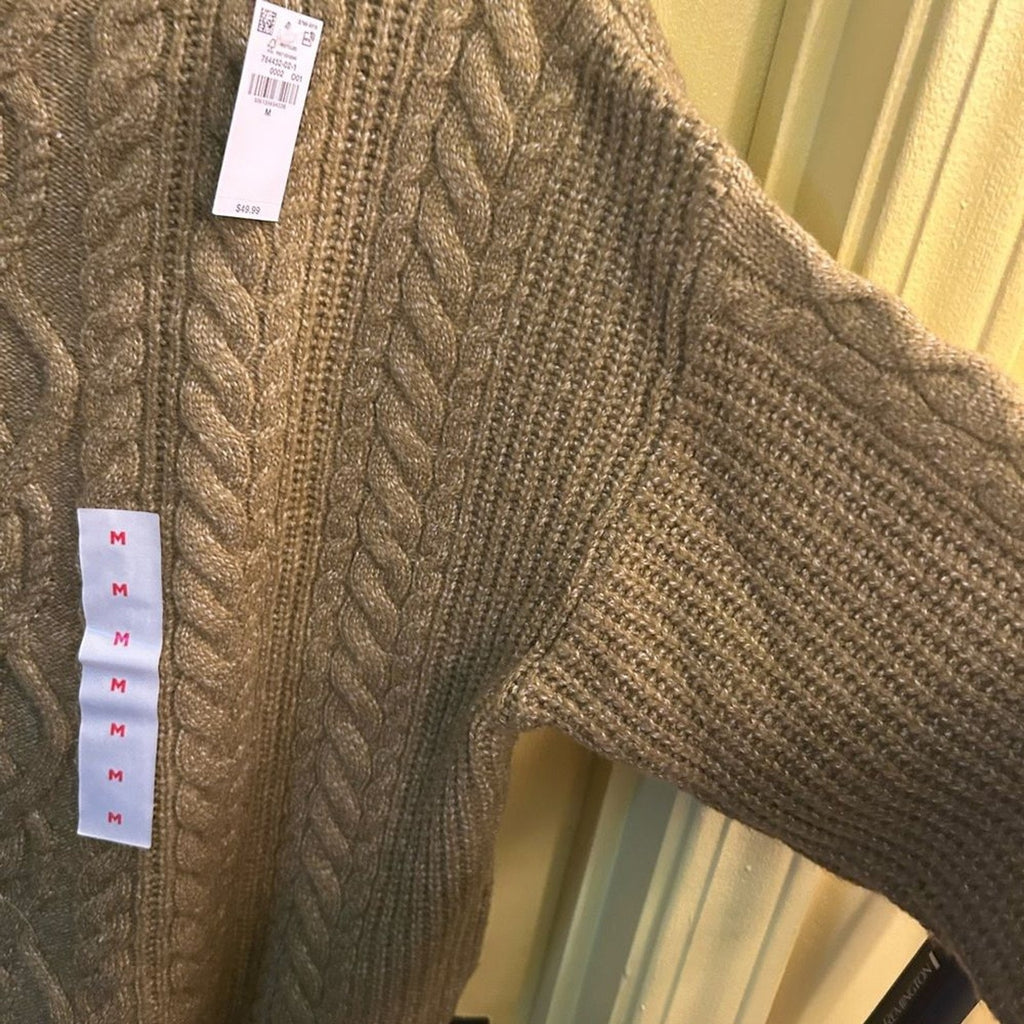 NWT Old Navy SoSoft Cable Knit Sweater Medium Mustard Green Mock Neck Fisherman