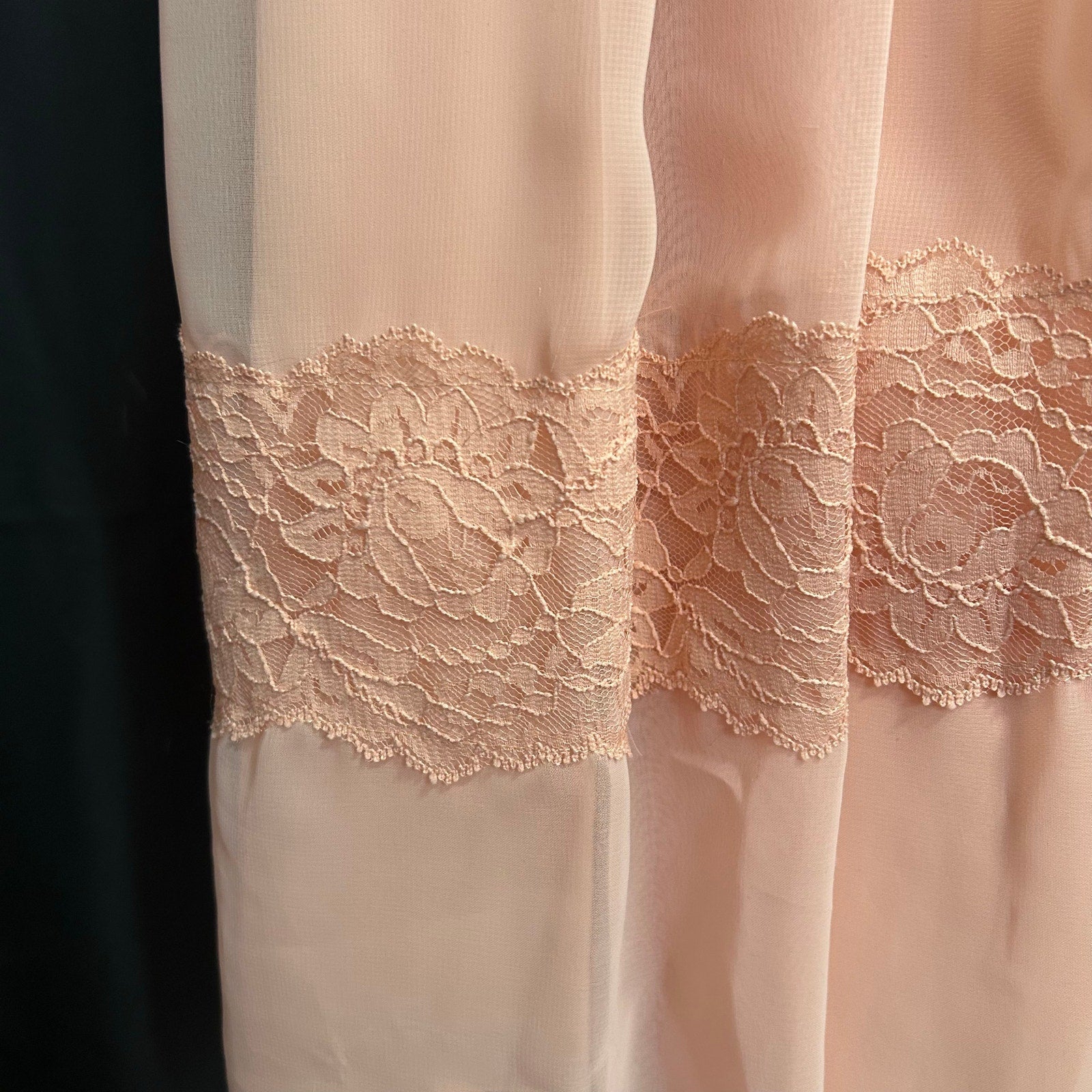 VTG 70s Handmade Peach Lace Maxi Dress Sheer Bishop Sleeve Boho Prairie XS
