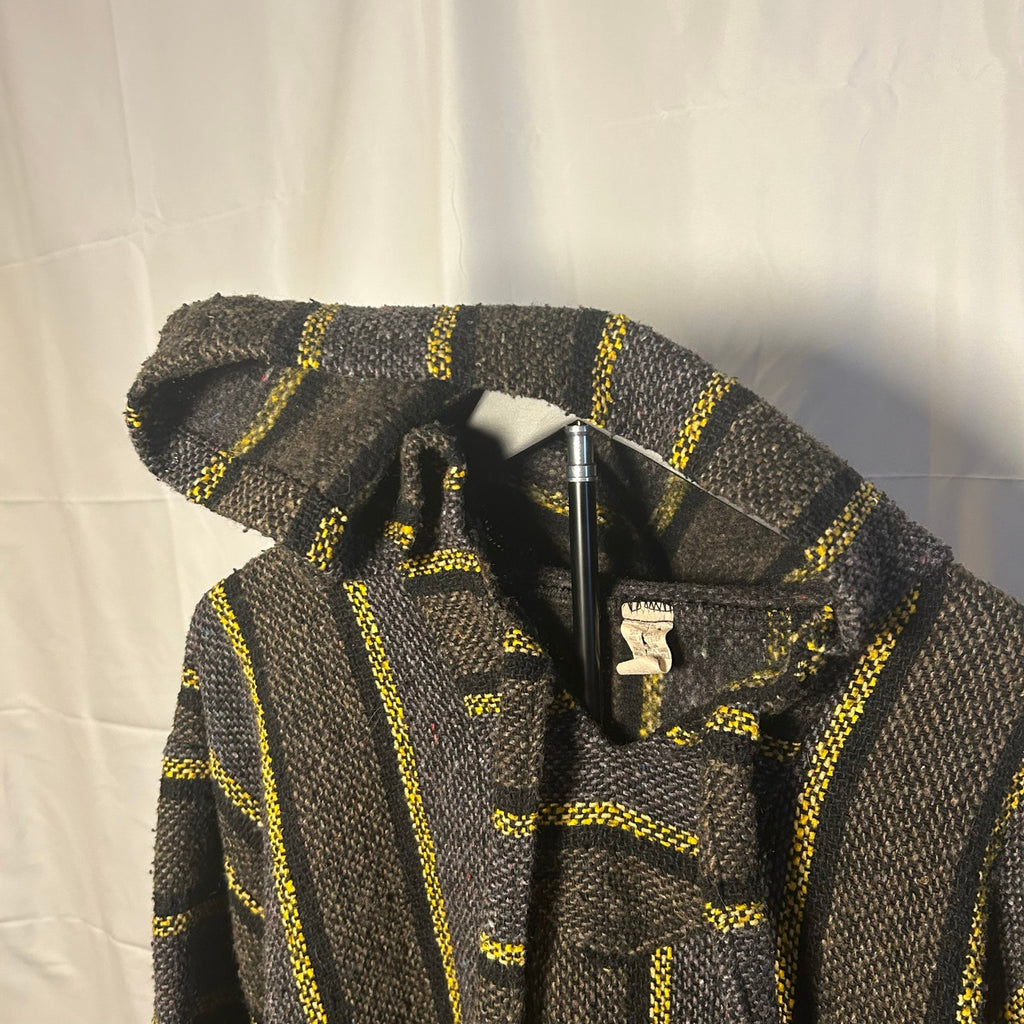 VTG Molina Baja Hoodie Charcoal Grey Yellow Striped Mexican Rug Hoodie Gorpcore