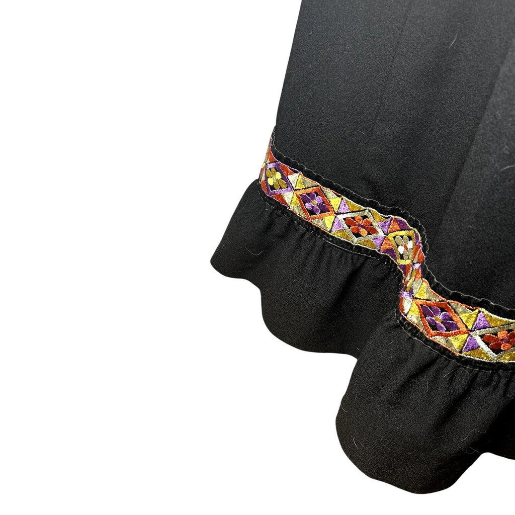 VTG 70s Black Folk Maxi Dress Embroidered Velvet Trim Ruffle Boho Hostess Small