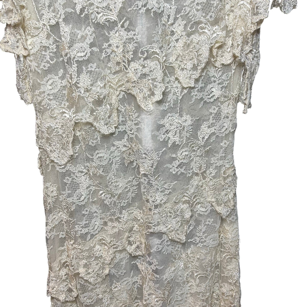 VTG 1960s Sheer Cream Lace Tiered Midi Dress Whimsigoth Bridal Overlay S