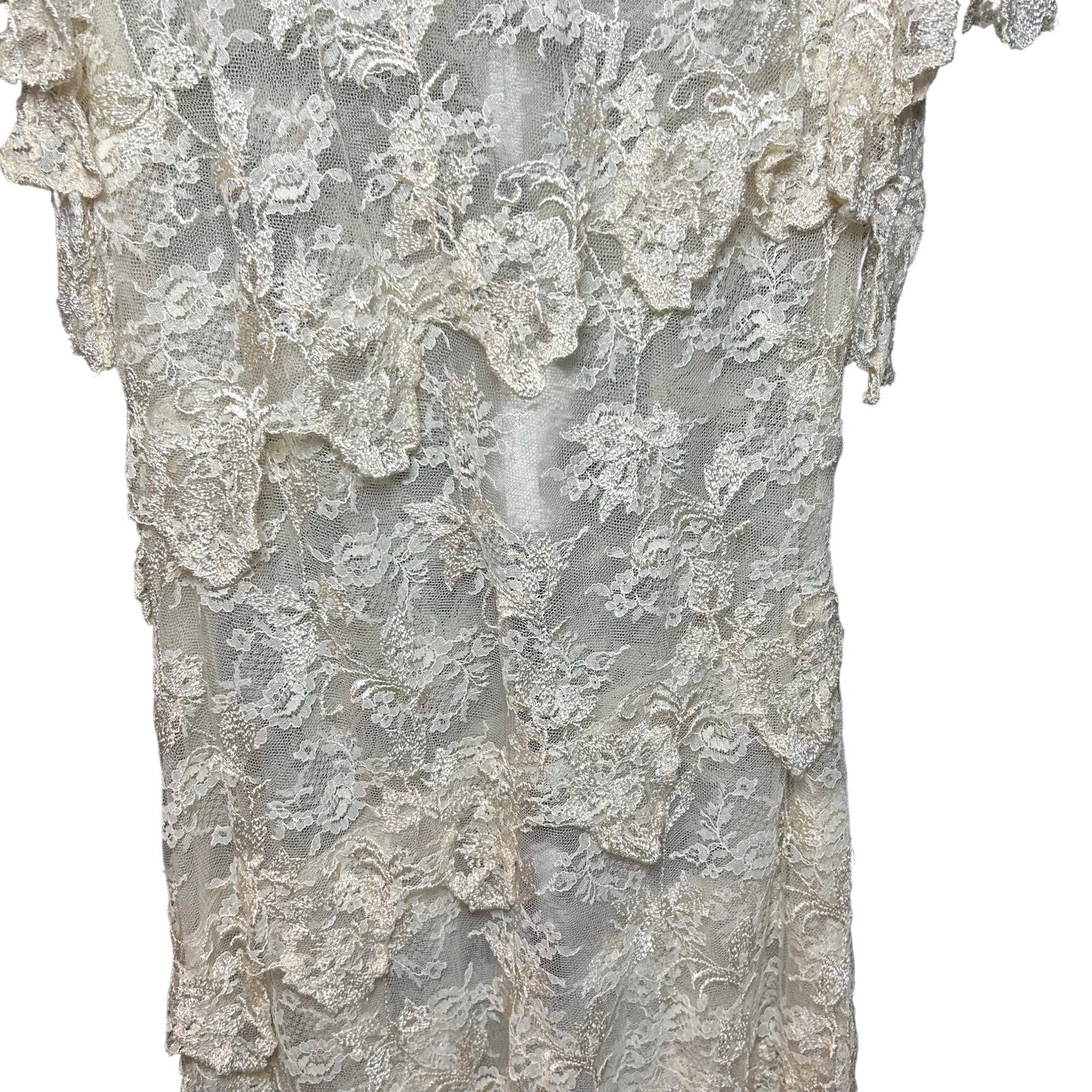 VTG 1960s Sheer Cream Lace Tiered Midi Dress Whimsigoth Bridal Overlay S