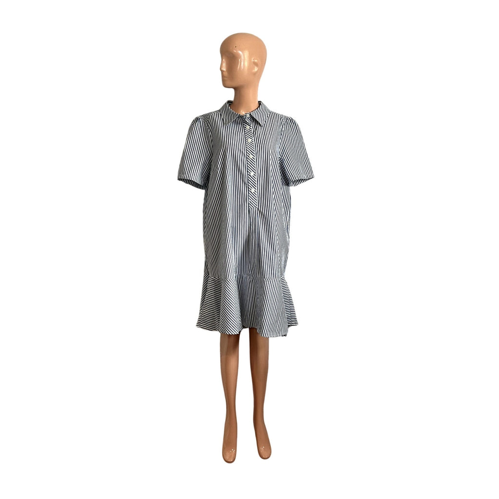 Tommy Hilfiger Blue White Striped Ruffle 14 Shirt Dress Cotton Coastal Preppy