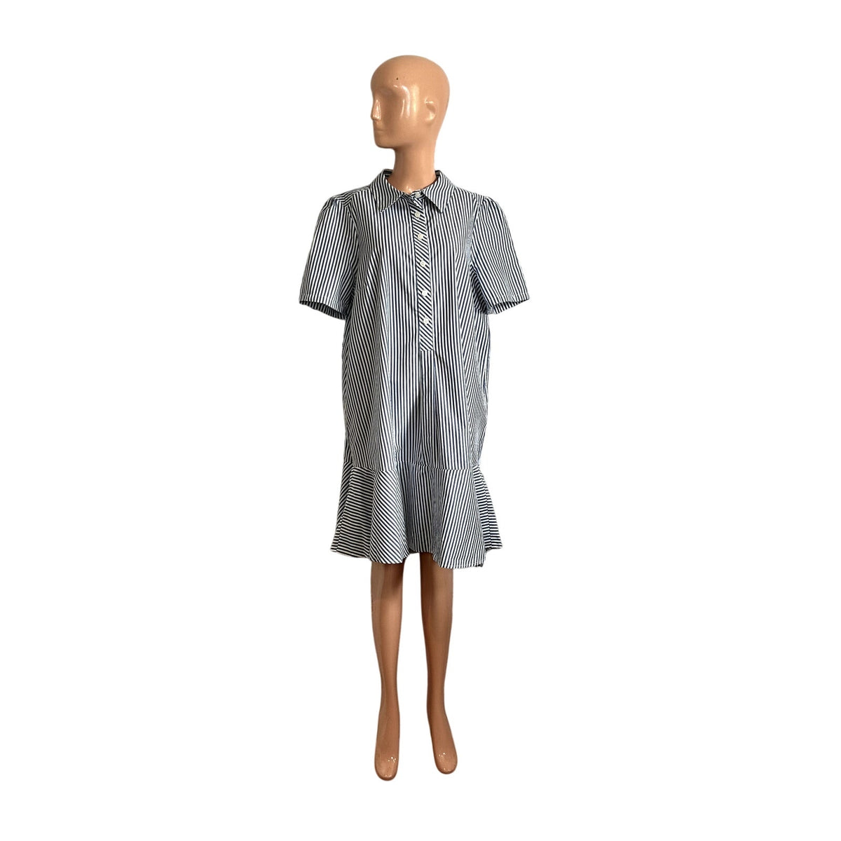 Tommy Hilfiger Blue White Striped Ruffle 14 Shirt Dress Cotton Coastal Preppy