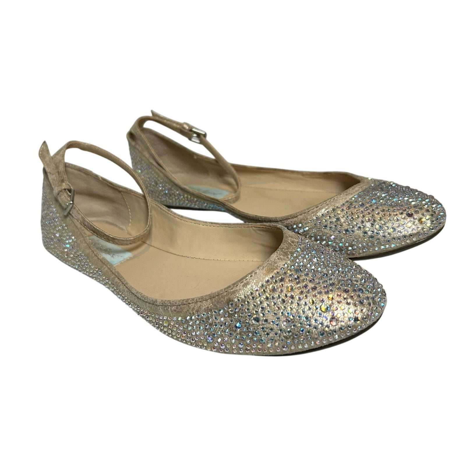 Betsey Johnson Cream Rhinestone Flats Glitter Coquette 8.5 Bridal Whimsigoth