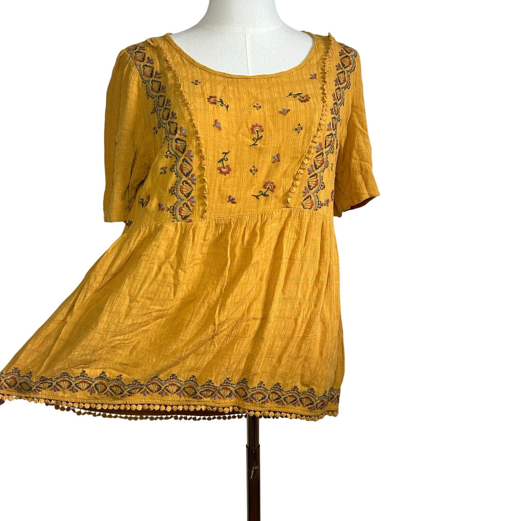 Knox Rose M Yellow Embroidered Tunic Top Boho Peasant Cottage Fairy Indie Casual