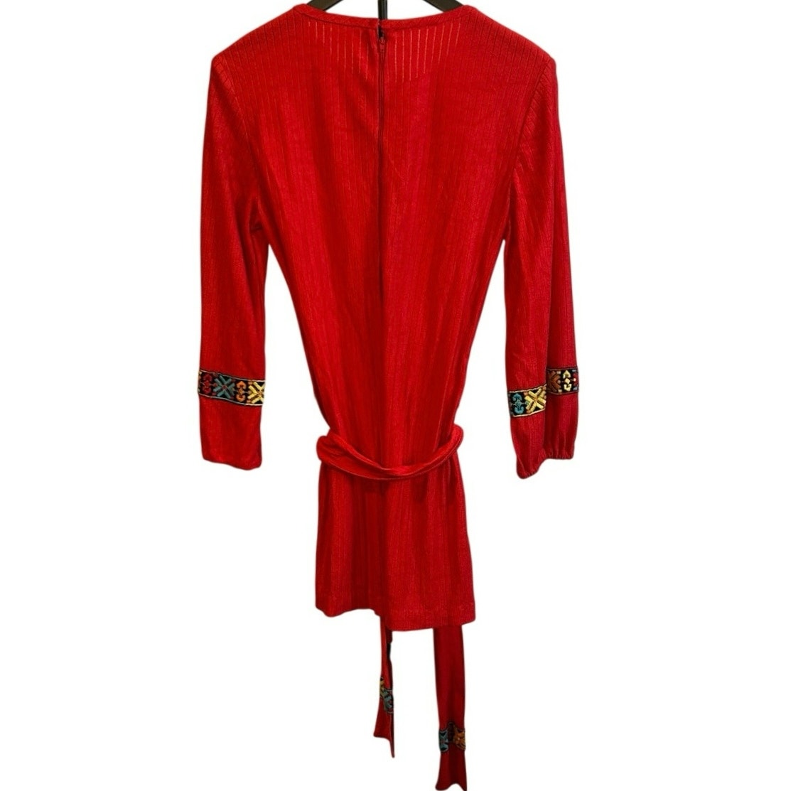 VTG Beeline Red Ribbed Knit Mini Dress 60s 70s Mod Embroidered Cuffs 14 Large