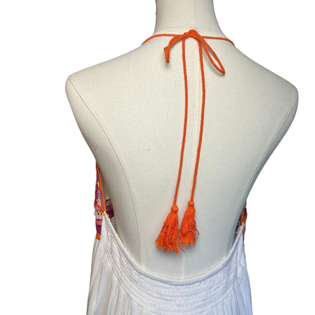 Indigo Rein XL White Multi Boho Maxi Dress Woven Tassel Tie Indie Fairy Cottage
