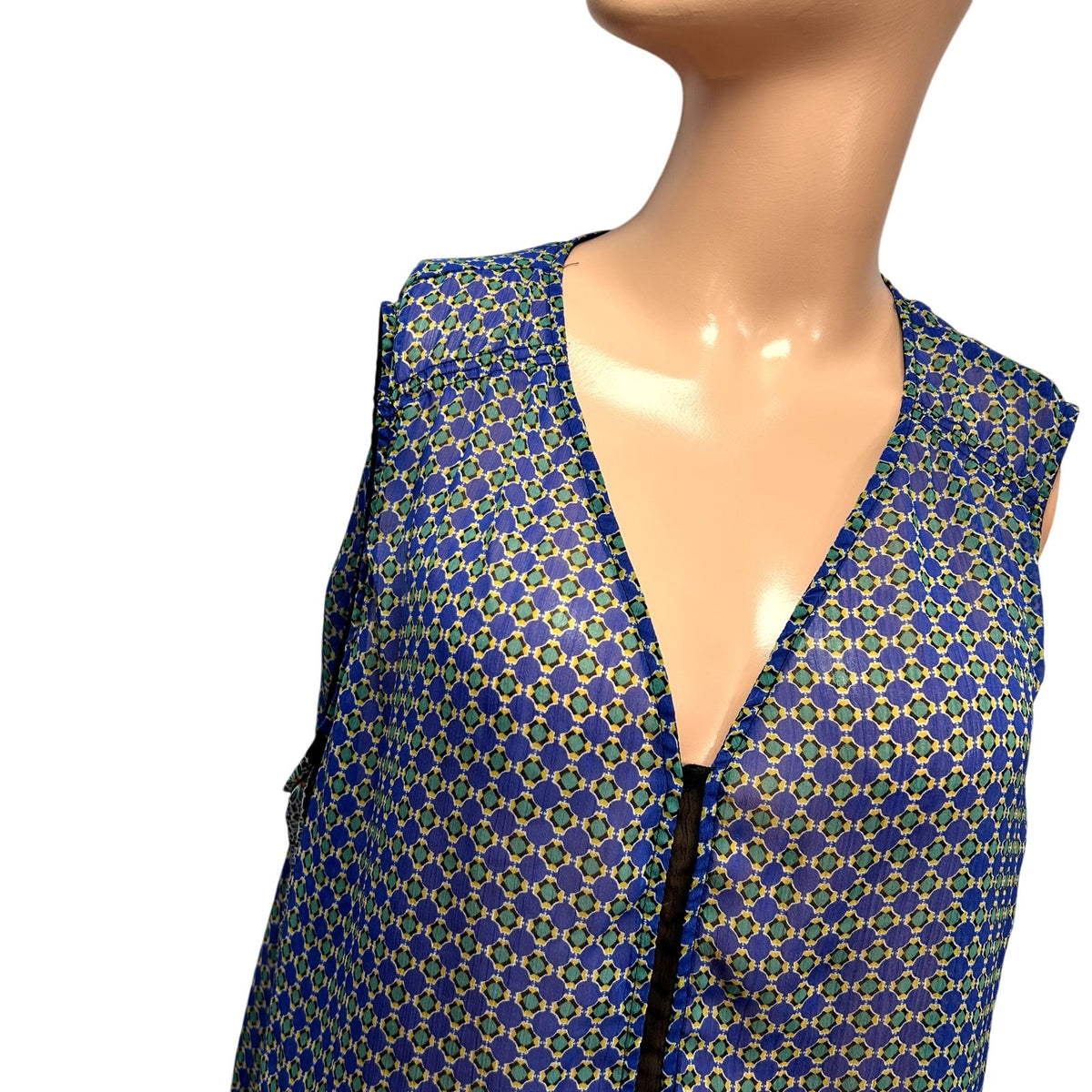 Liz Claiborne XL Blue Green Chiffon Sleeveless V-Neck Blouse Boho Top Maximalist