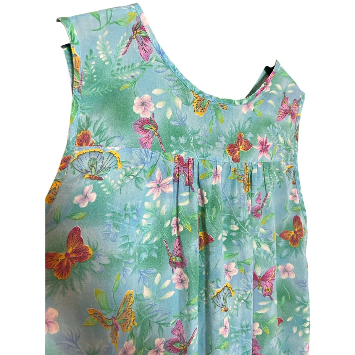 VTG Butterfly Floral Cotton Feel House Dress Blue Green XL Single Side Pocket