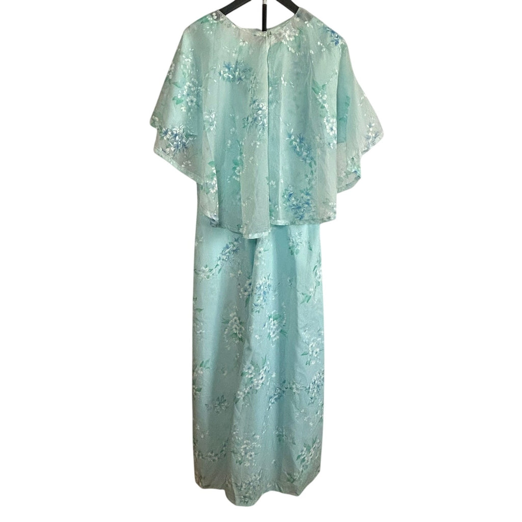VTG 70s Handmade Blue Floral Ball Gown Capelet Empire Waist Maxi 10 Cottage Glam