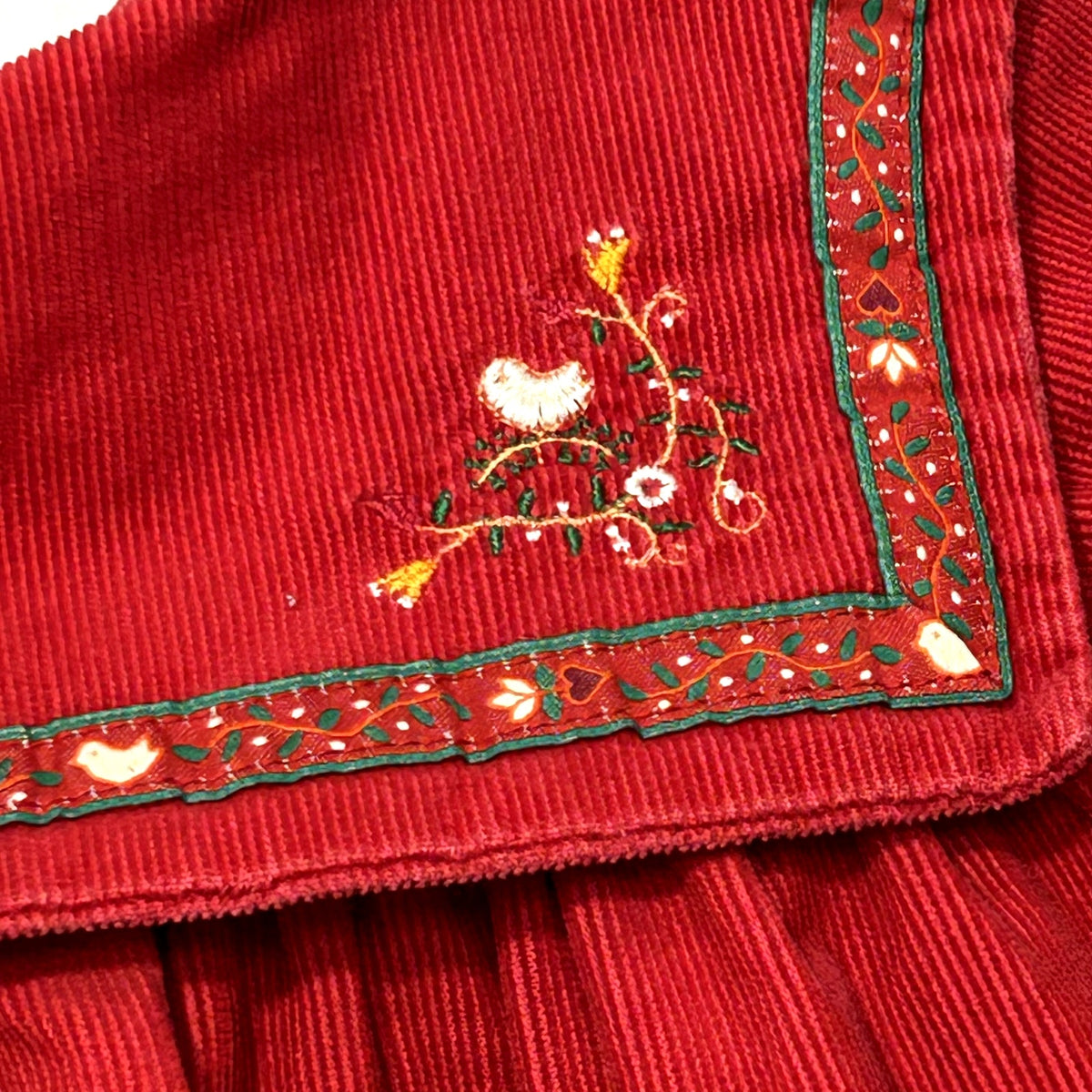 VTG 90s Jacadi Paris 3T Red Corduroy Sailor Collar Birdhouse Dress Embroidered