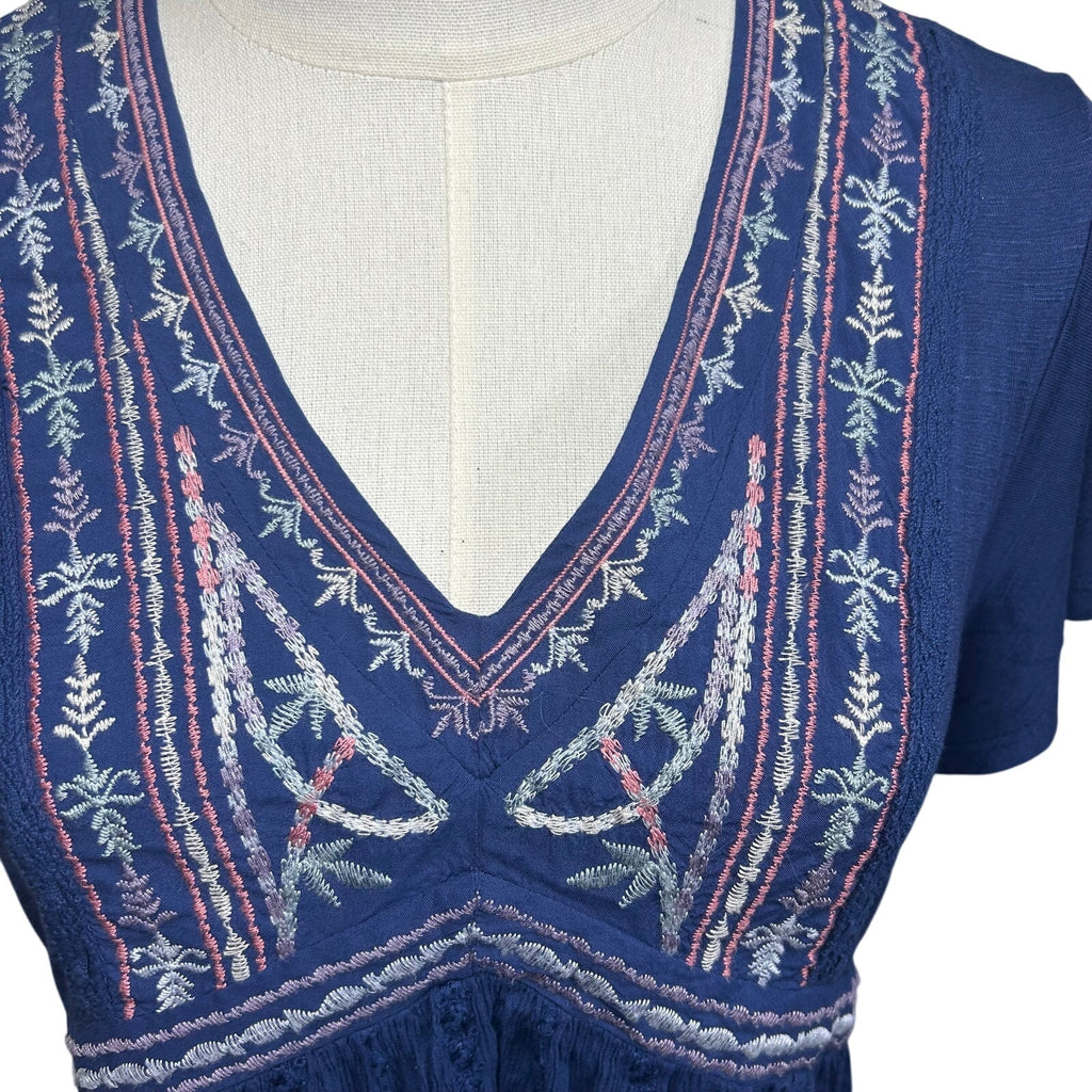 Knox Rose S Blue Embroidered Peasant Top Boho Casual Cottage Indie Twee Festival