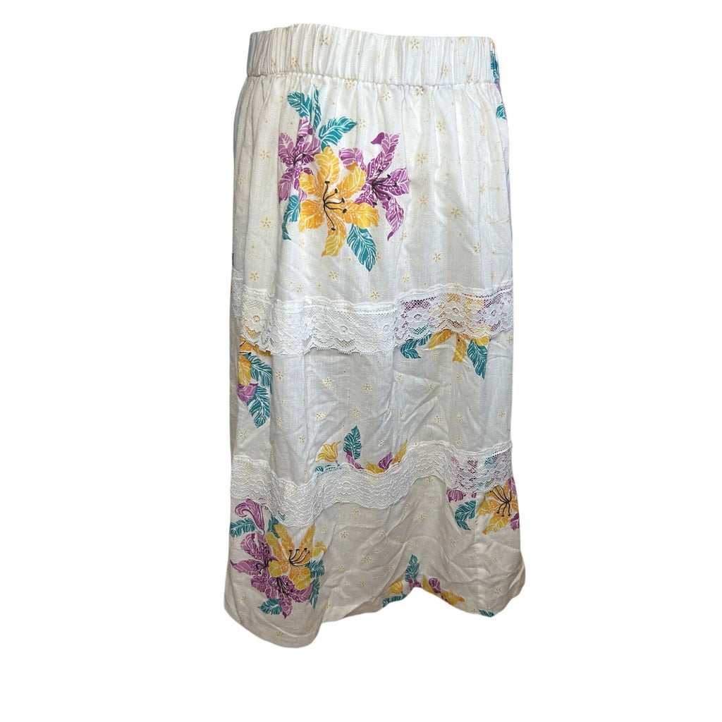 VTG 80s White Floral Broomstick Skirt M L Hawaiian Boho Cottage Fairy Retro