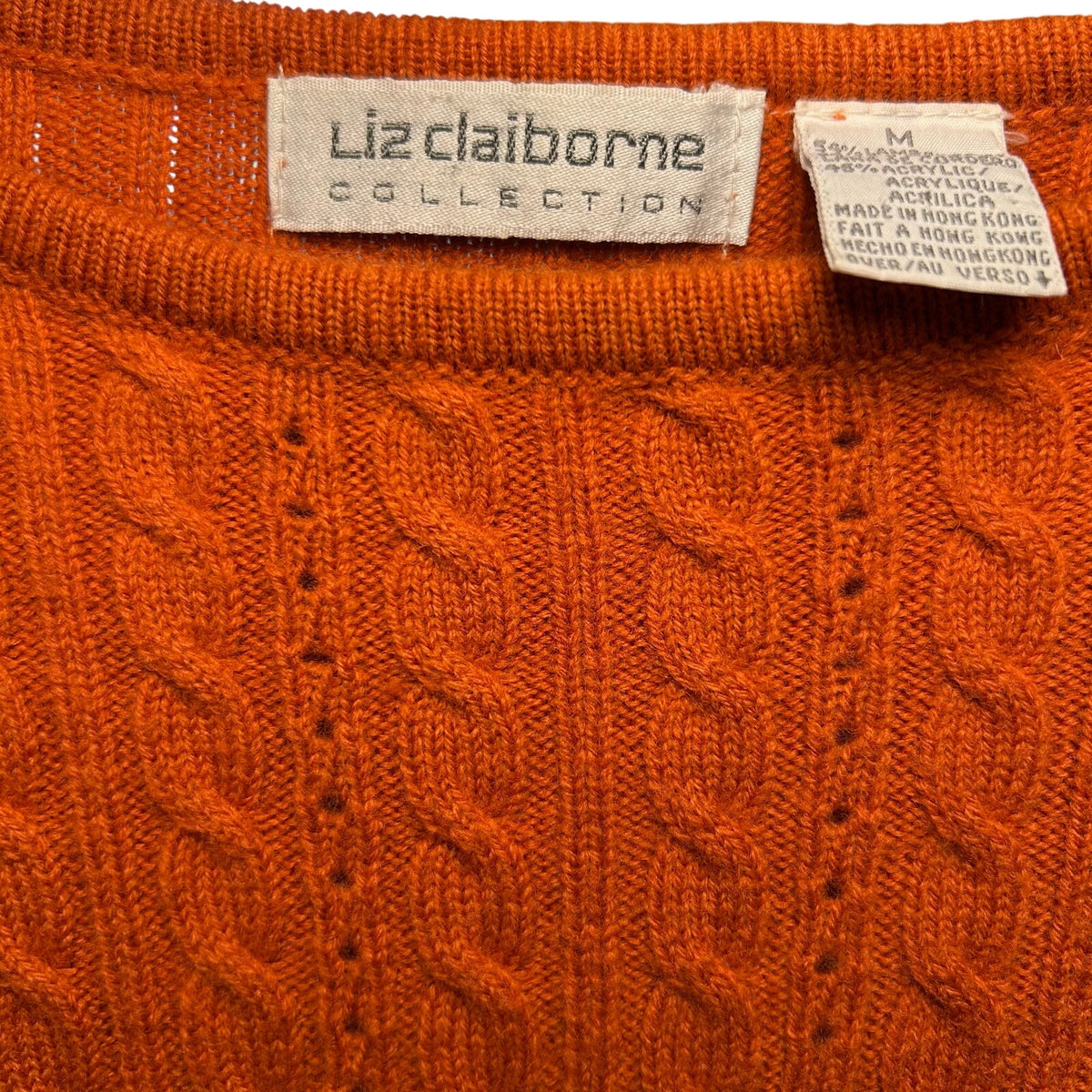 VTG 70s Liz Claiborne Orange Wool Crewneck Pullover Sweater M Cable Knit Cottage