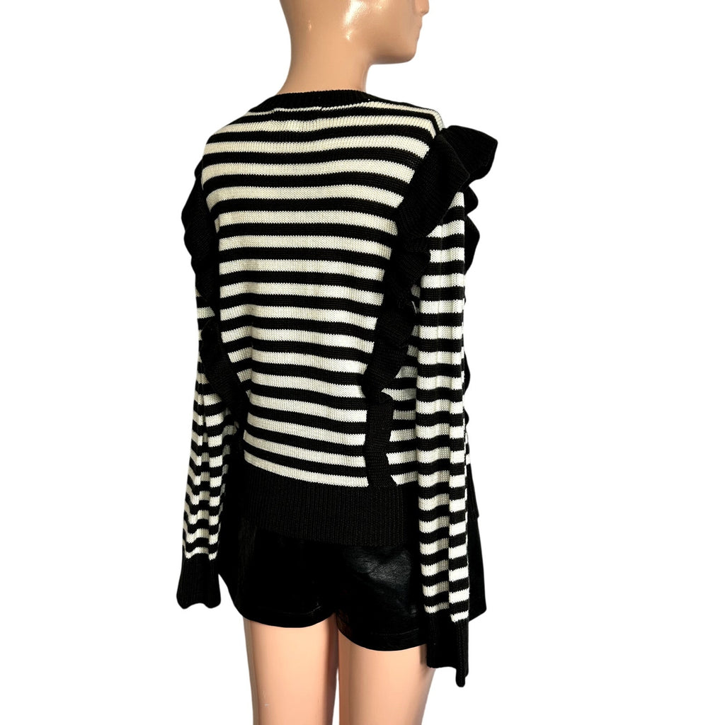 Jack by BB Dakota Black White Striped M Knit Sweater Preppy Ruffle Trim Coquette