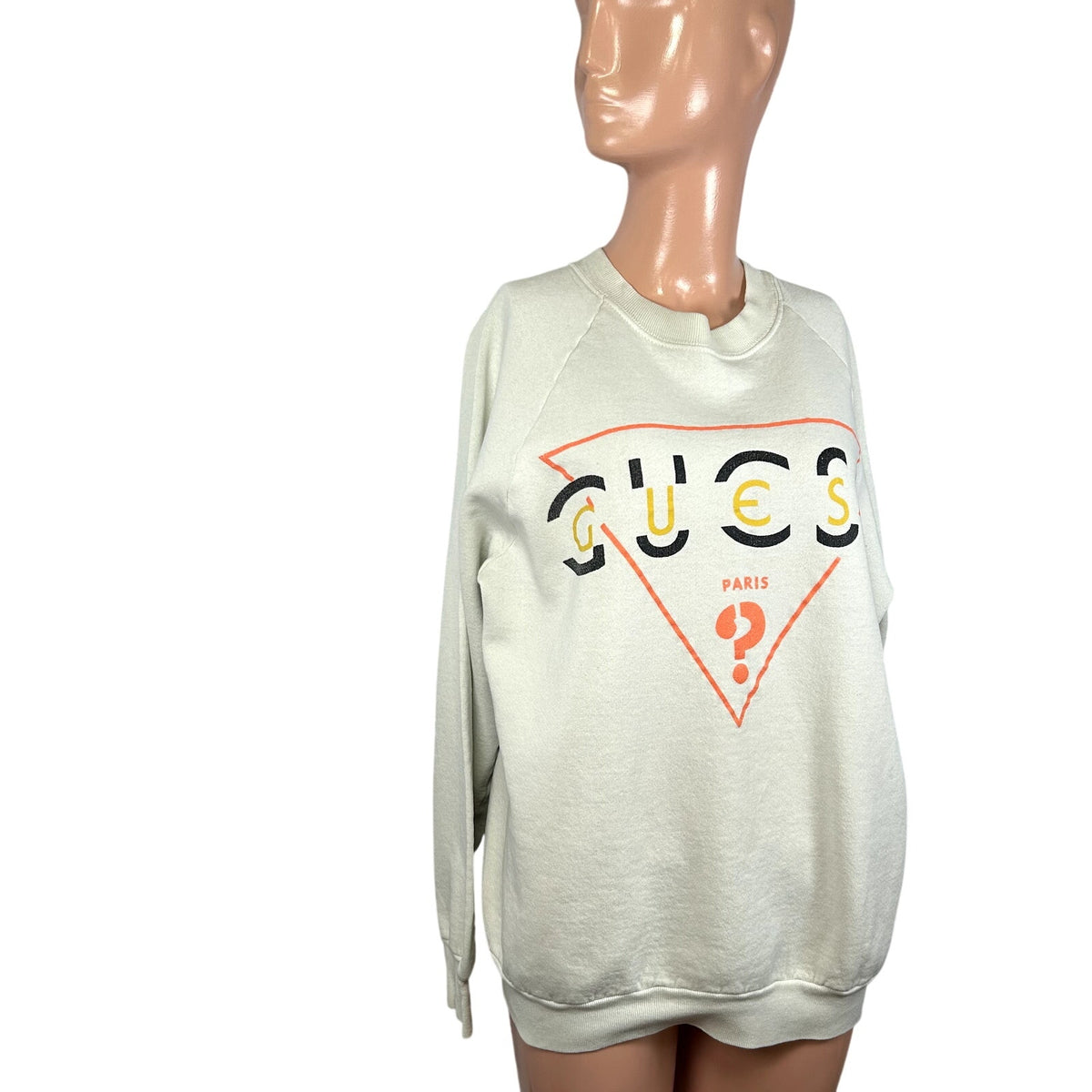 VTG 80s Guess Paris M White Sweatshirt Triangle Logo Dolman Sleeve Streetwear