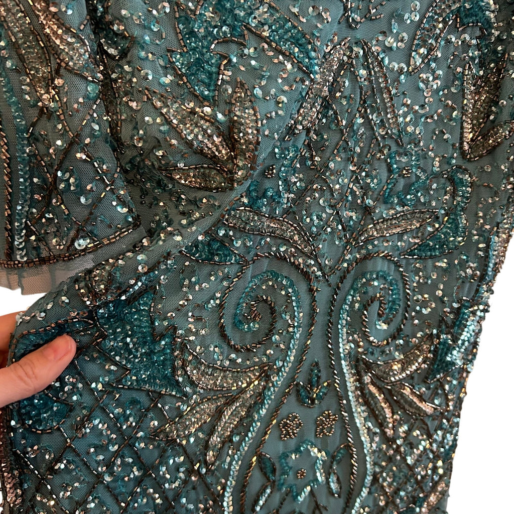 VTG Aidan Mattox Teal Silver Beaded Sequin Cold Shoulder Mini Cocktail Dress 2
