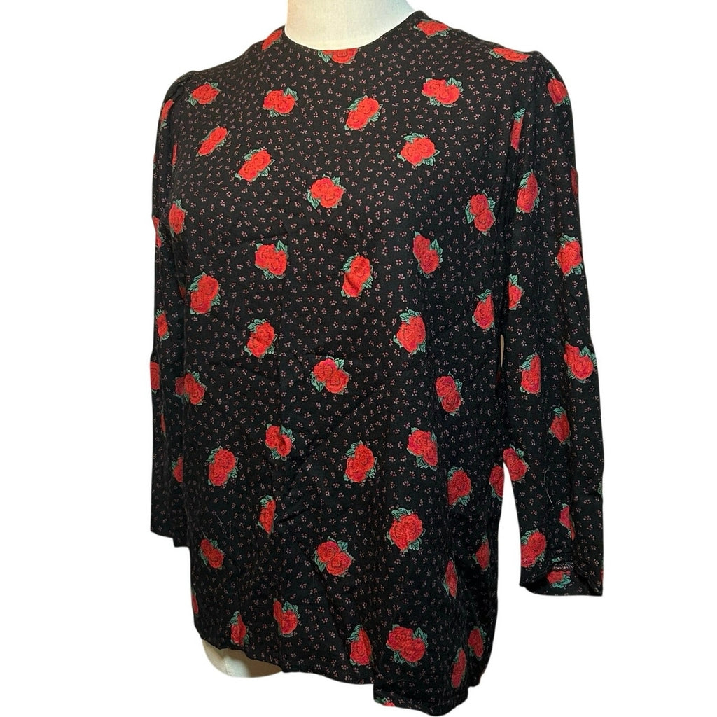 VTG Ms Interpret Black Red Rose Polka Dot Rayon Blouse 12 Whimsygoth Grunge Goth