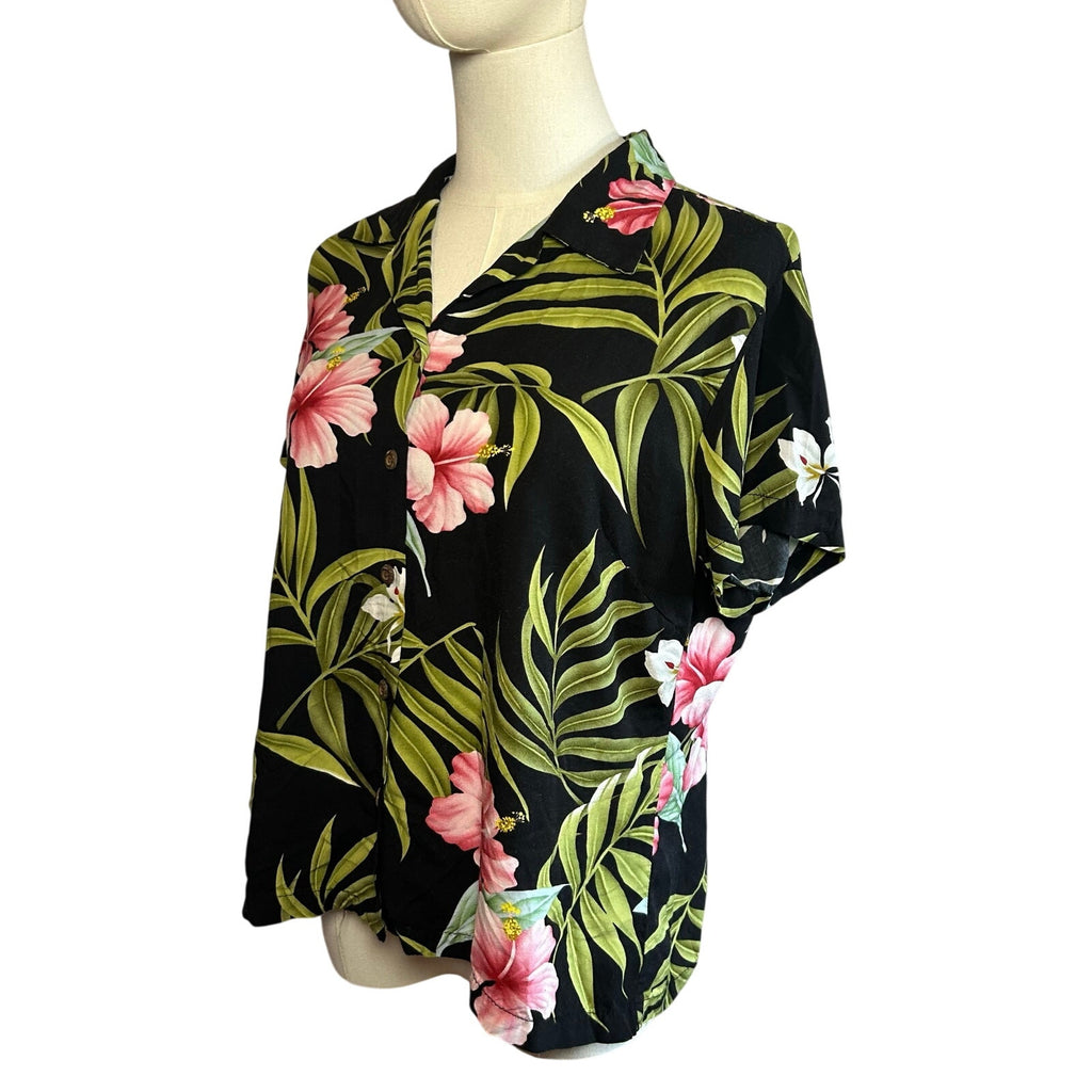 VTG 90s Puanani Hawaiian Shirt Black Floral Medium Tropical Boho Casual Indie