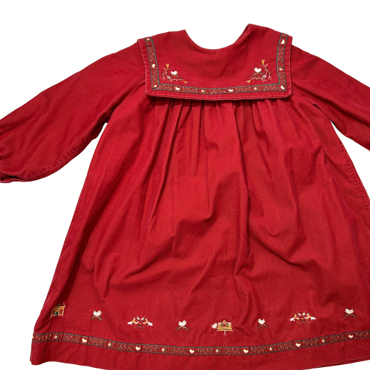 VTG 90s Jacadi Paris 3T Red Corduroy Sailor Collar Birdhouse Dress Embroidered