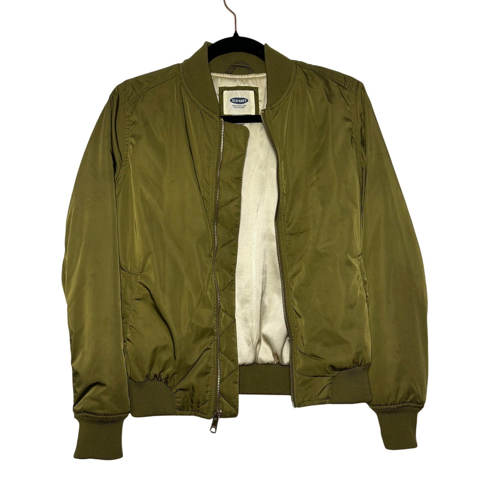Old Navy Green Satin XS Bomber Jacket Retro Casual Streetwear Flight Coat Zip Up