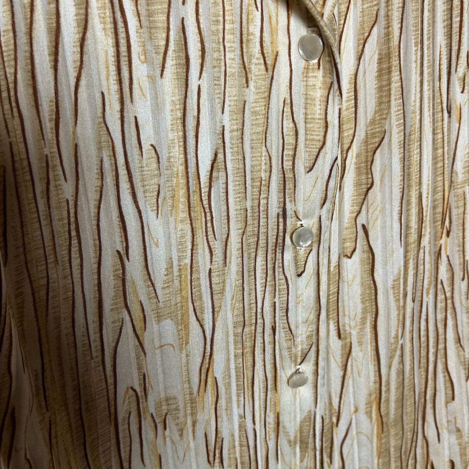VTG 70s Graff Californiawear Faux Bois Wood Grain Blouse Dagger Collar S/M Disco