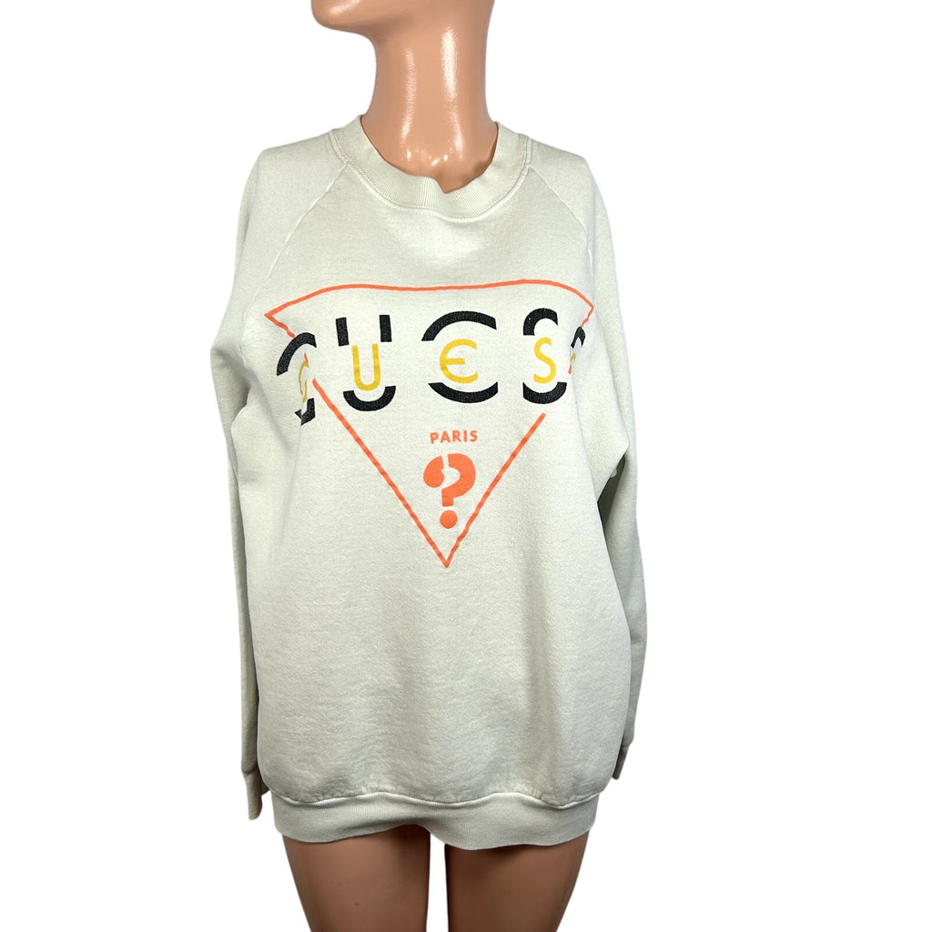 VTG 80s Guess Paris M White Sweatshirt Triangle Logo Dolman Sleeve Streetwear