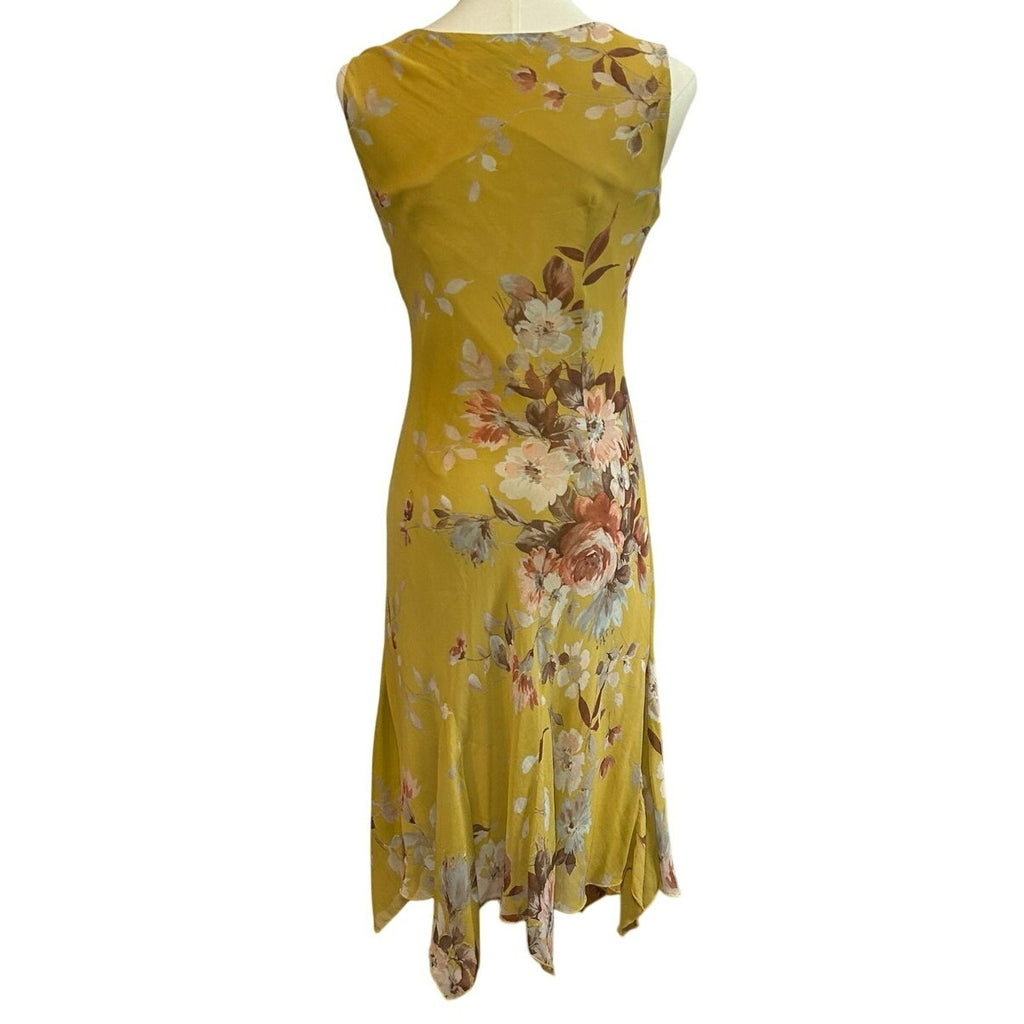 Lily Petite Small Floral Handkerchief Hem 90s Y2K Yellow Rayon Midi Dress P/S