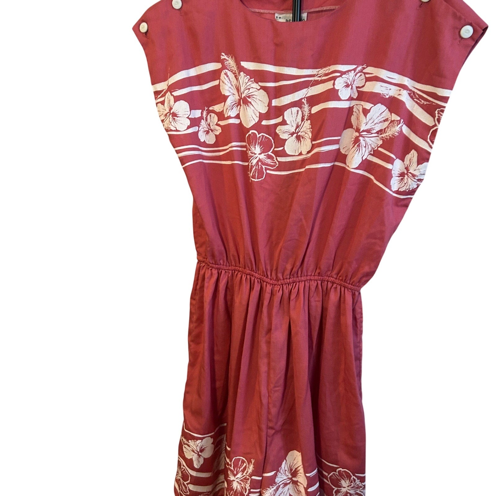 VTG Hans Jutte Hawaii Romper Rust Orange Hibiscus Print Button Shoulder 70s 80s