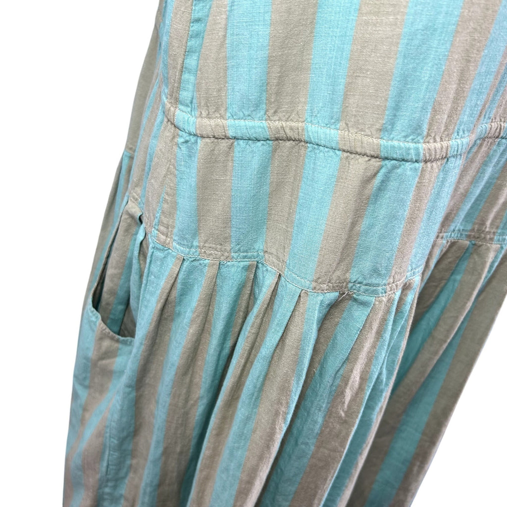 Phool Blue Tan Striped Buttons Pleated Cotton M Midi Dress Coastal Prairie Boho