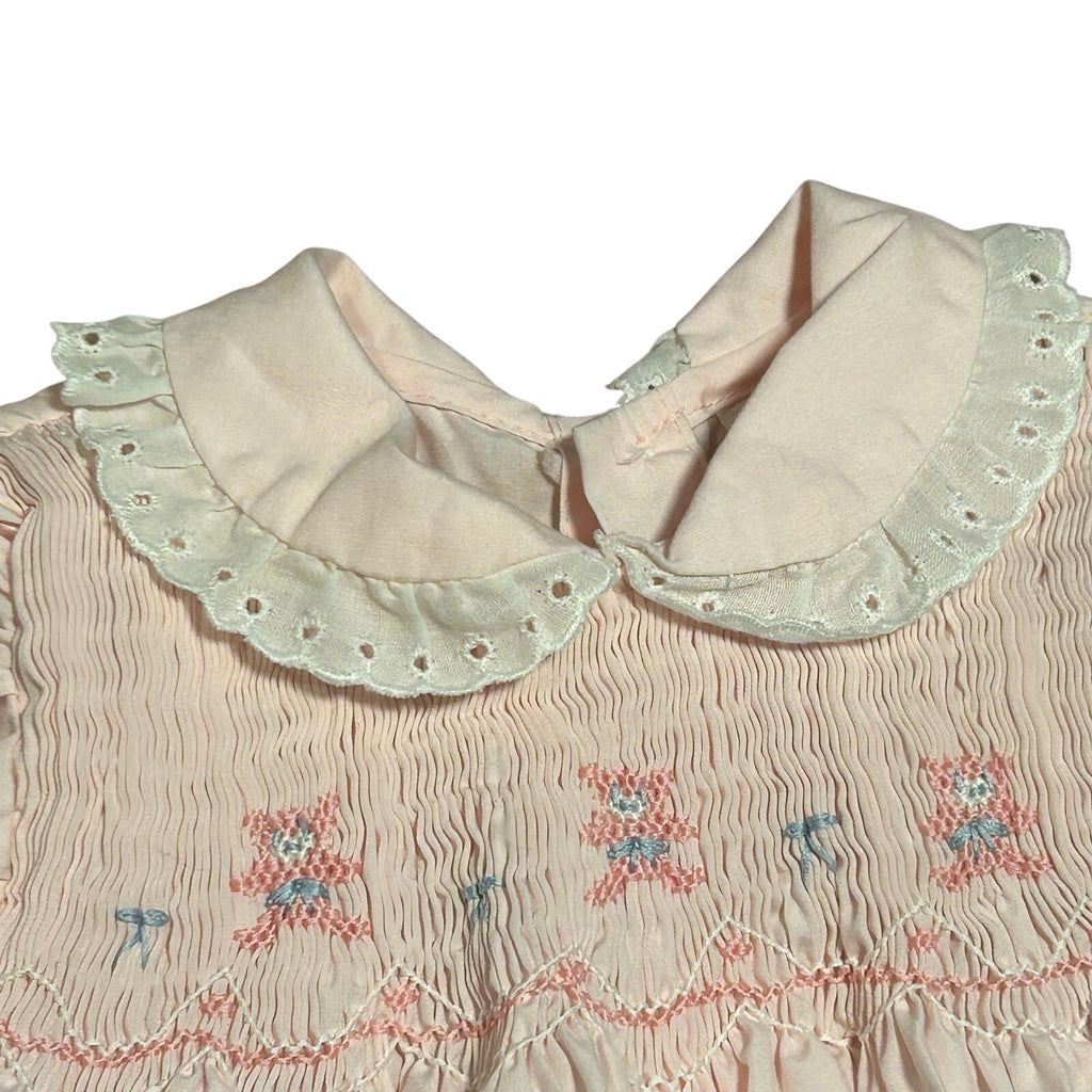 VTG 70s Baby Girl Pink Smocked Romper Teddy Bear Puff Sleeve Cottage Coquette